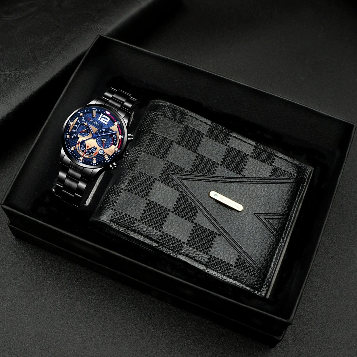 

2 Pcs Men's Gentleman Elegant Fashion Business Stainless Steel Watch Set, Wallet+Watch [Gift Box]