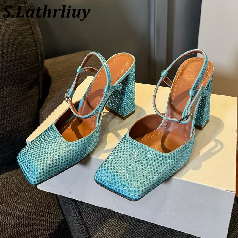 

New Spring Summer Square Toe Shiny Crystal Ankle Strap Sandals Women's Bling Bling Rhinestone Pumps Female Banquet Dress Shoes