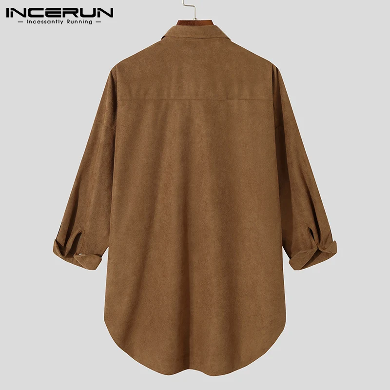 INCERUN Casual Men\'s Mid-length Suede Loose Shirts Tops 2022 Autumn Hot Sale Winter Vintage Lapel Collar Button Up Blouse S-5XL