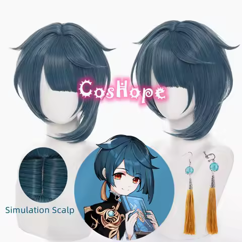 Xingqiu Cosplay Wig Earing 30cm Short Dark Cyan-blue Wig Cosplay Anime Cosplay Wigs Heat Resistant Synthetic Wigs