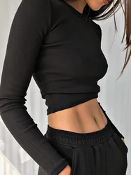 O Neck Long Sleeve Shirt Women Ribbed Sexy Cropped Tops Spring Black Casual Skinny Slim Basic Woman T Shirts White