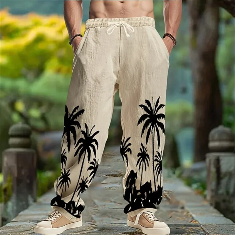 Hawaiian-Style Beach Coconut Tree Print Mens Pants Casual Loose-Fitting Breathable Straight-Leg Pants with Drawstring Plus Sizes
