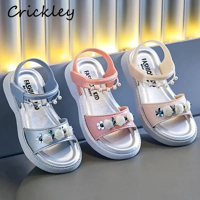 Summer Flowers Shell Kids Sandals 2026 Pearl PVC Waterproof Princess Sandals For Girls Anti Slip Footwear Children Beach Shoes
