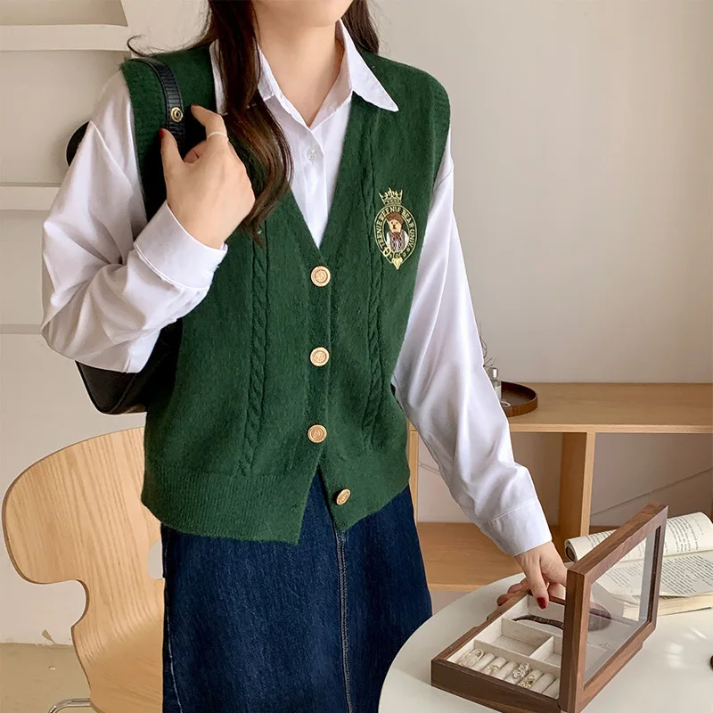 2023 V-neck Knitted Cardigan Sweater Vest for Women Girls Korean Loose College Style Retro Bear Embroidery Jk Vest Sweaters Tops