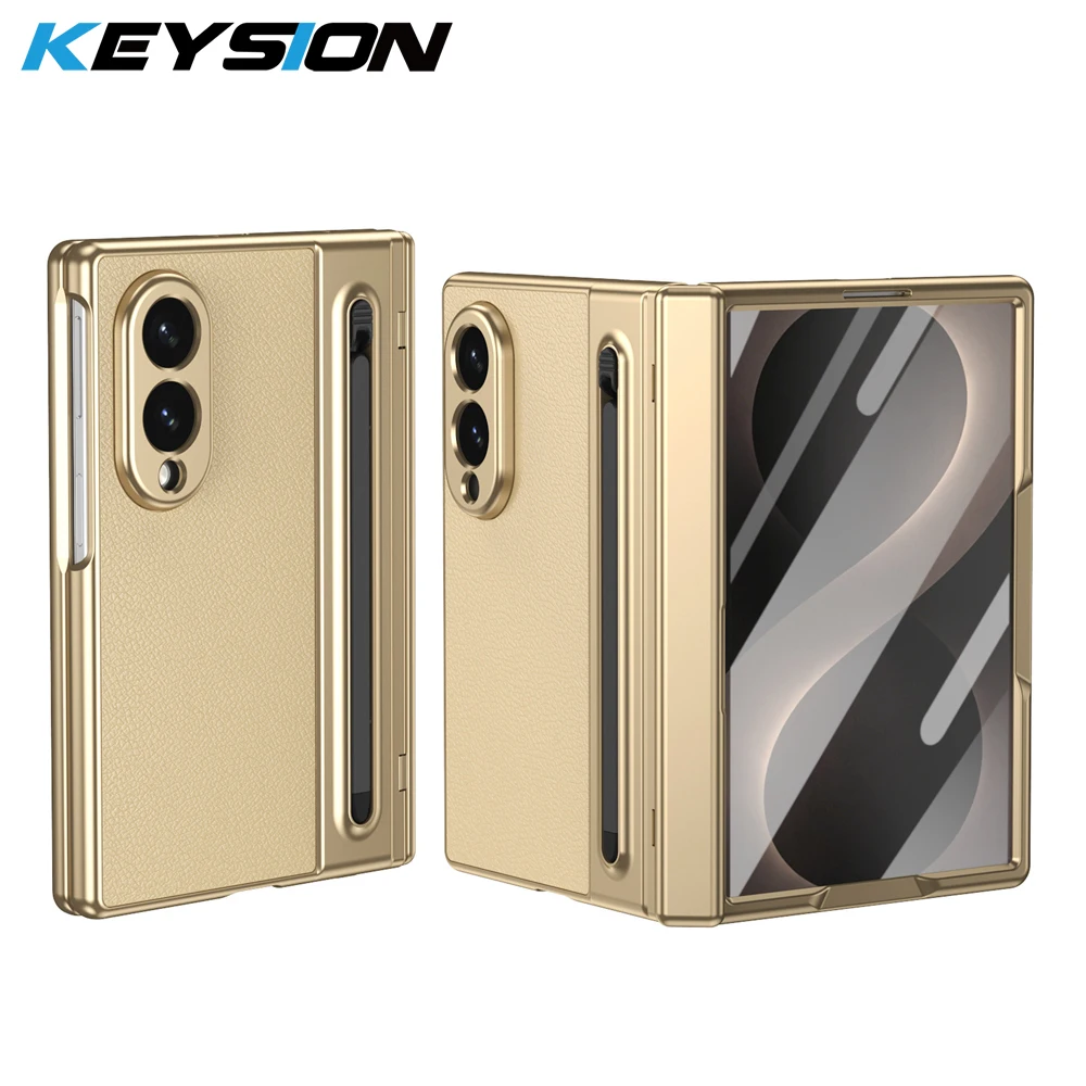 KEYSION Plating PU Leather Phone Case for Samsung Galaxy Z Fold 8 Ultra 7 6 5 4 TouchPen+Screen Protector Hinge Shockproof Cover