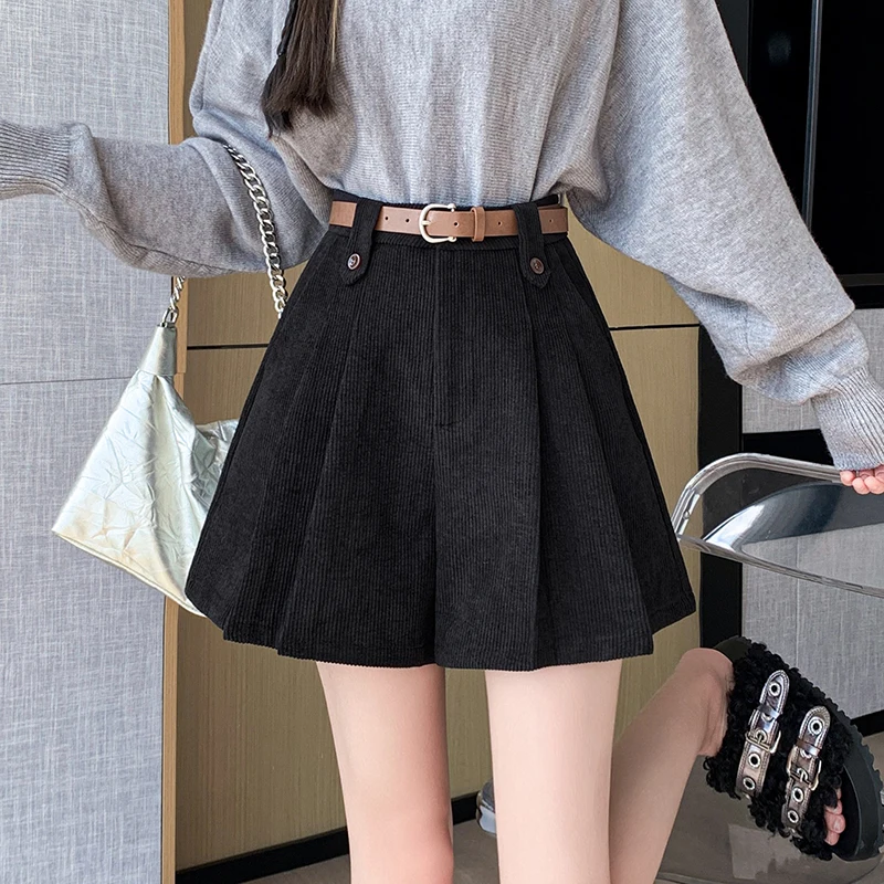 New Autumn Winter Corduroy Women Shorts Korean Style Fashion High Waist A-line Pleated Shorts Skirts Ladies Casual Culottes