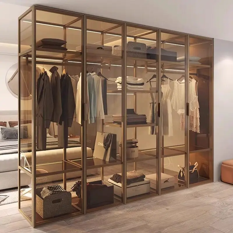 Minimalist Open-Concept Aluminum Glass Wardrobe Customizable Tempered Glass Closet For Sleek Bedroom Storage Solutions Furniture