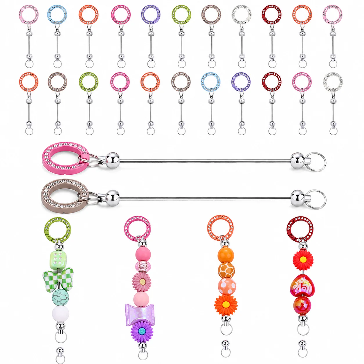 12 Stück DIY Perlen-Schlüsselanhänger-Stäbe mit Strass-Rundkarabinerverschlüssen Metallstab für Schlüsselanhänger und Schmuckherstellung Bastelzubehör – Detail 4