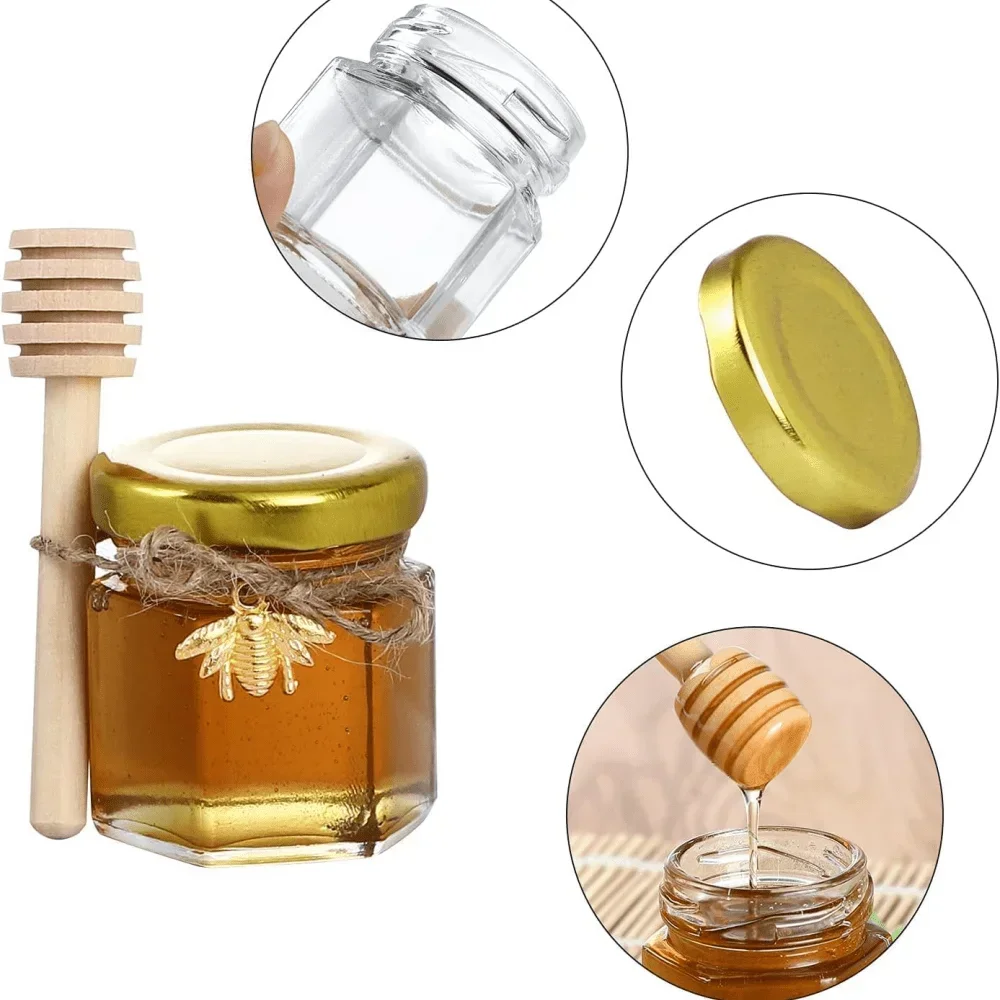 

1.5 oz Hexagonal Mini Glass Honey Jar with Wooden Spoon, Bee Pendant and Jutes, Very Suitable Wedding Gifts and Party Gifts.
