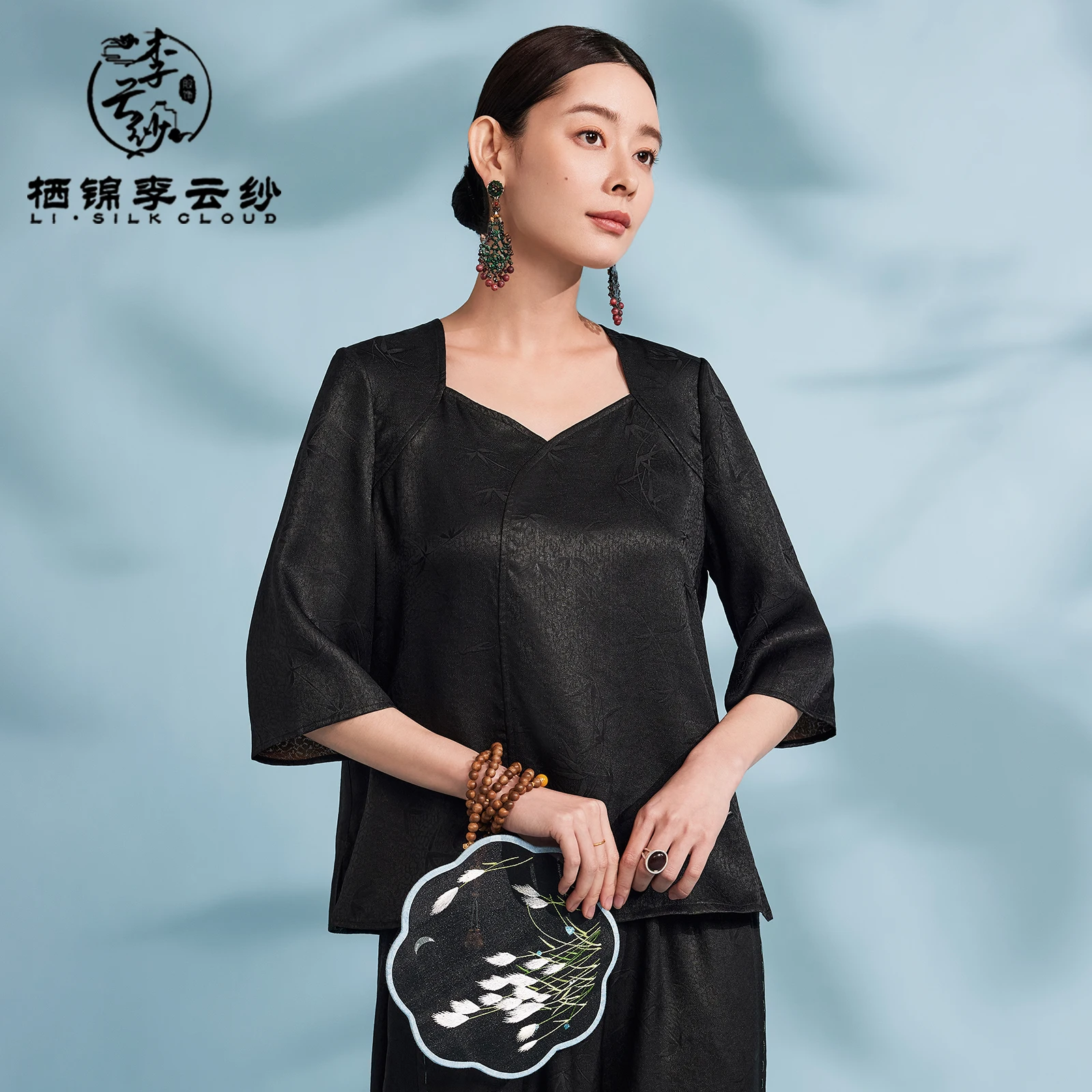 

LI SILK CLOUD xiangyunsha Top - Lustrous Shiny Fabric,Ultra-Soft Skin-Friendly,Traditional Guangdong Black Pearl Guangdong Gauze