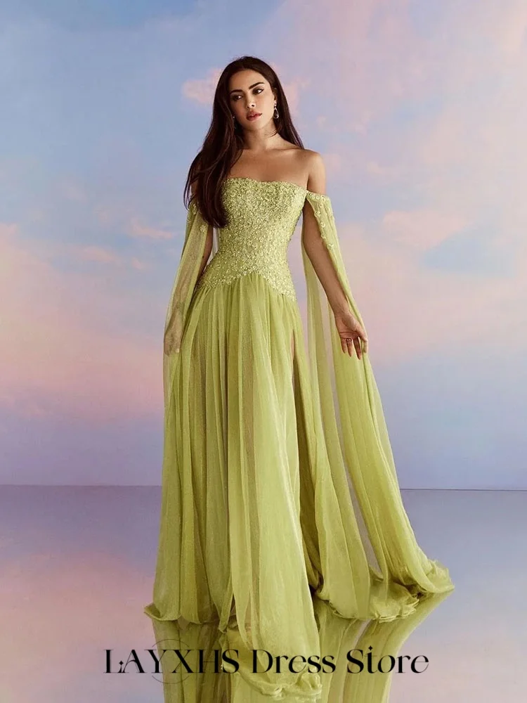 LAYXHS 絶妙なグリーンフォーマルイブニングドレスオフショルダーレースアップリケAラインサイドスリットプロムドレスカスタマイズされた فساتين سهر