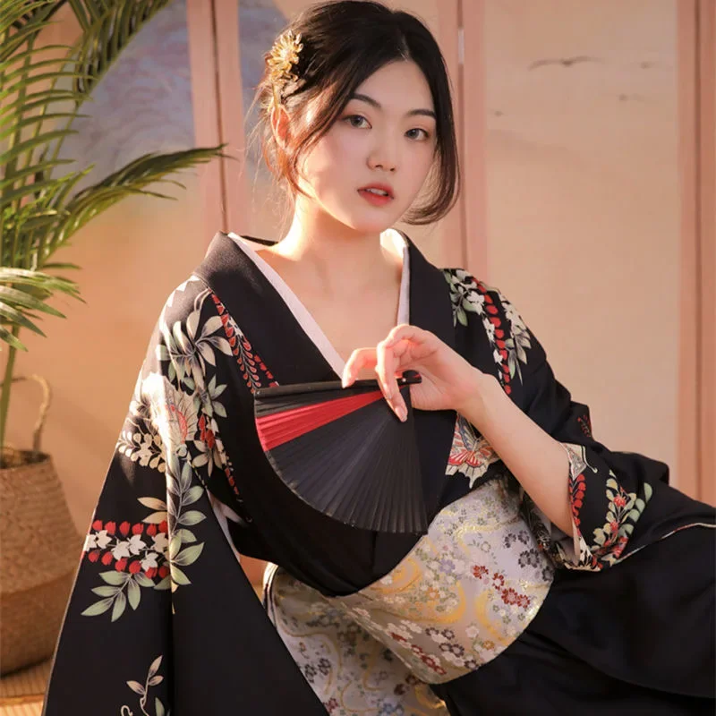 

Sexy Women Japanese Kimono Yukata With Obi Flower Prints Long Sleeve Yukata Cosplay Dress Stage Performing Show Costume Cosplay