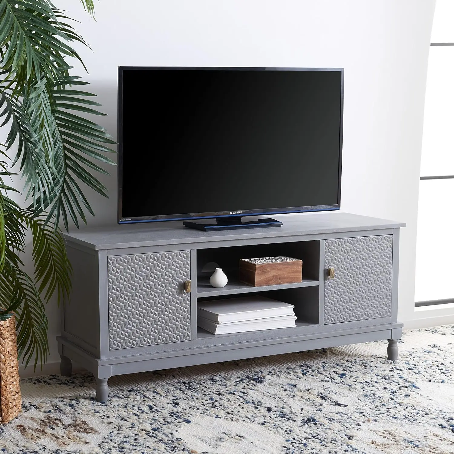 TV Stand Grey 2 Doors Interior Storage 2 Open Shelves Entertainment Media Console For 55