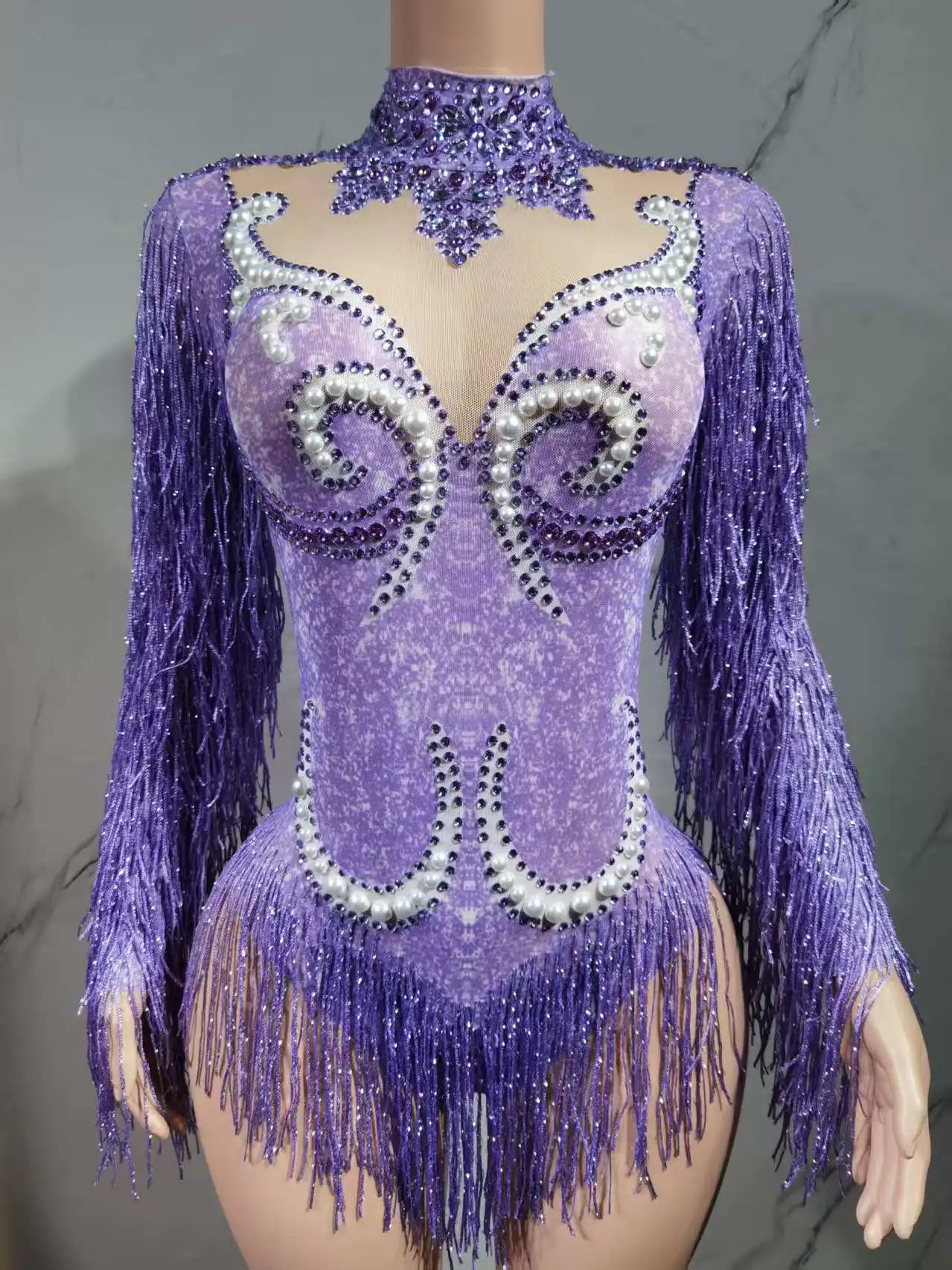 Luxe grijze franje zilveren strass parels transparante bodysuit dames dansshow kostuum verjaardagsfeestje outfit