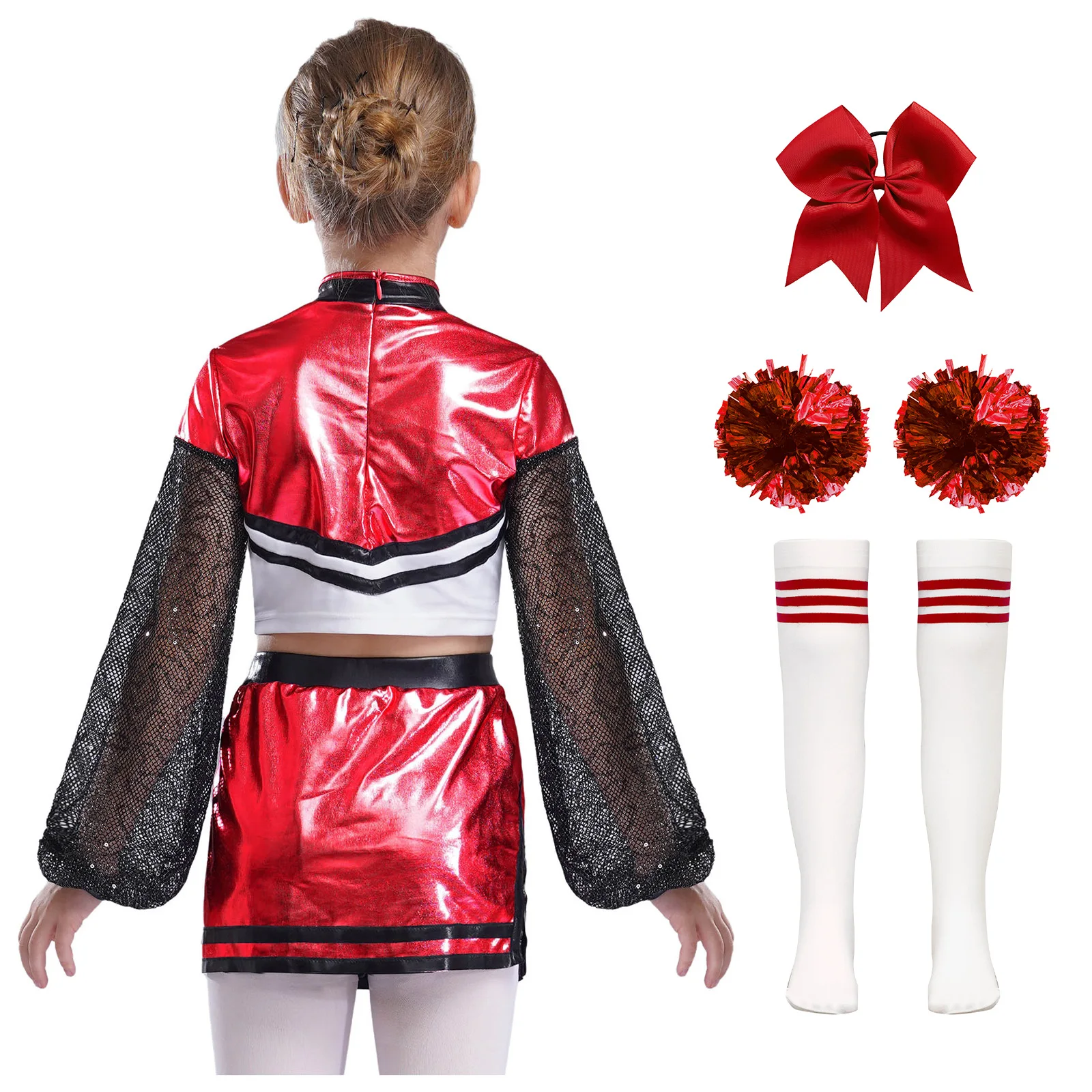 Kinder Mädchen Cheerleading Uniform Cheerleader Outfit Hollow Out Mesh Strass Crop Top + Rock + Zubehör Set für Geburtstagsfeier