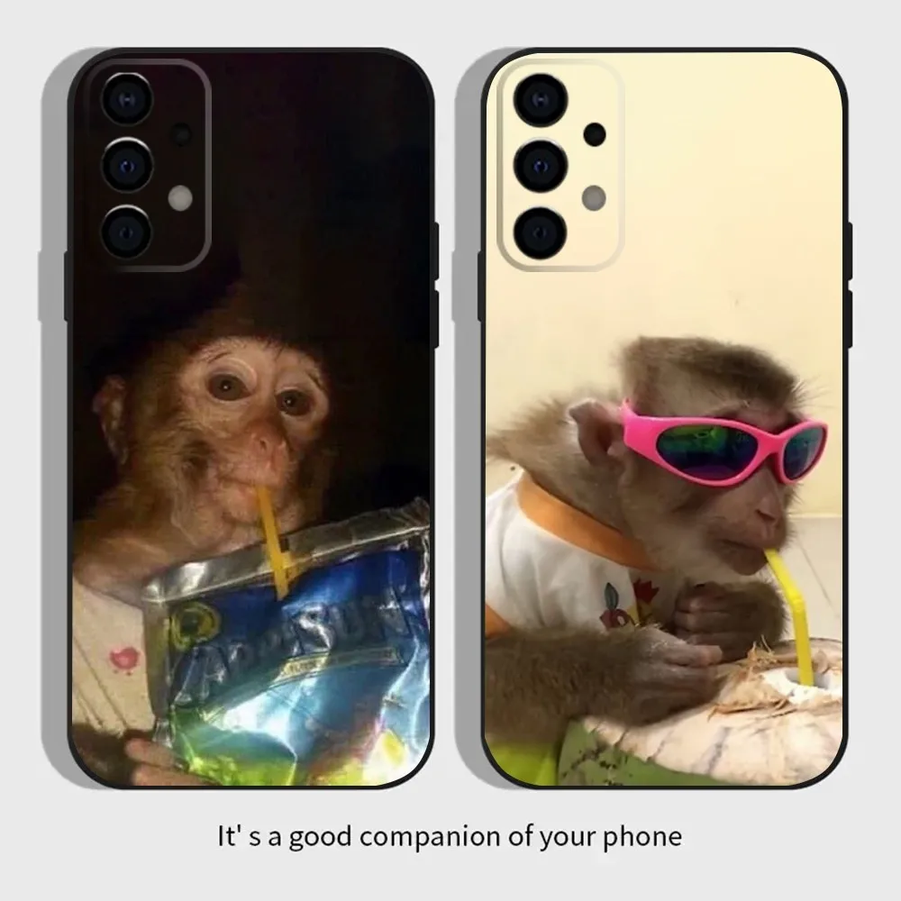 Cute Monkey Sipping Caprisun Meme Phone Case For Samsung Galaxy A13,A21s,A22,A31,A32,A52,A53,A71,A80,A91 Soft Black Cover