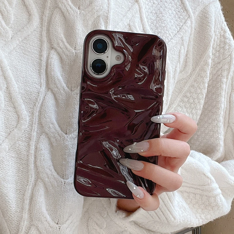 Wine Red 3D Water Ripple Texture Phone Case For iPhone 17 Air 16 15 13 11 12 Pro Max 14 Plus Glossy Silicone Back Cover