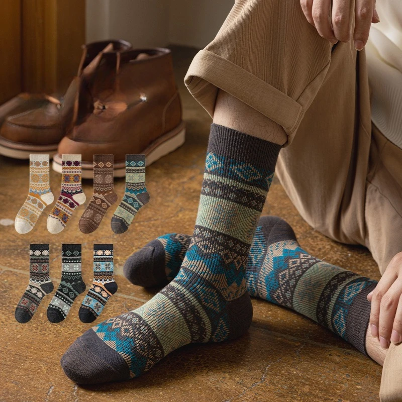 5 Pairs Men Socks Cotton Autumn and Winter Thicken Warm Retro Ethnic Style Double-needle Medium Tube Socks
