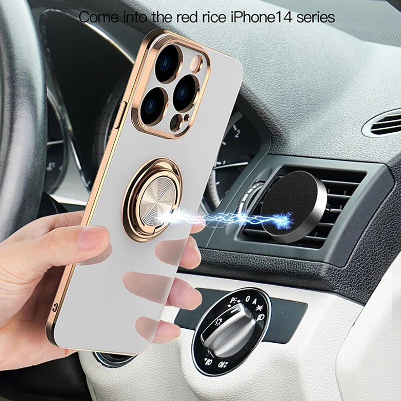 Luxury Magnet Soft Silicone Stand Cases For iPhone 15 14 13 12 11 Pro Max XS XR 8 7 Plus 13Mini Soft Plating Ring Holder Covers