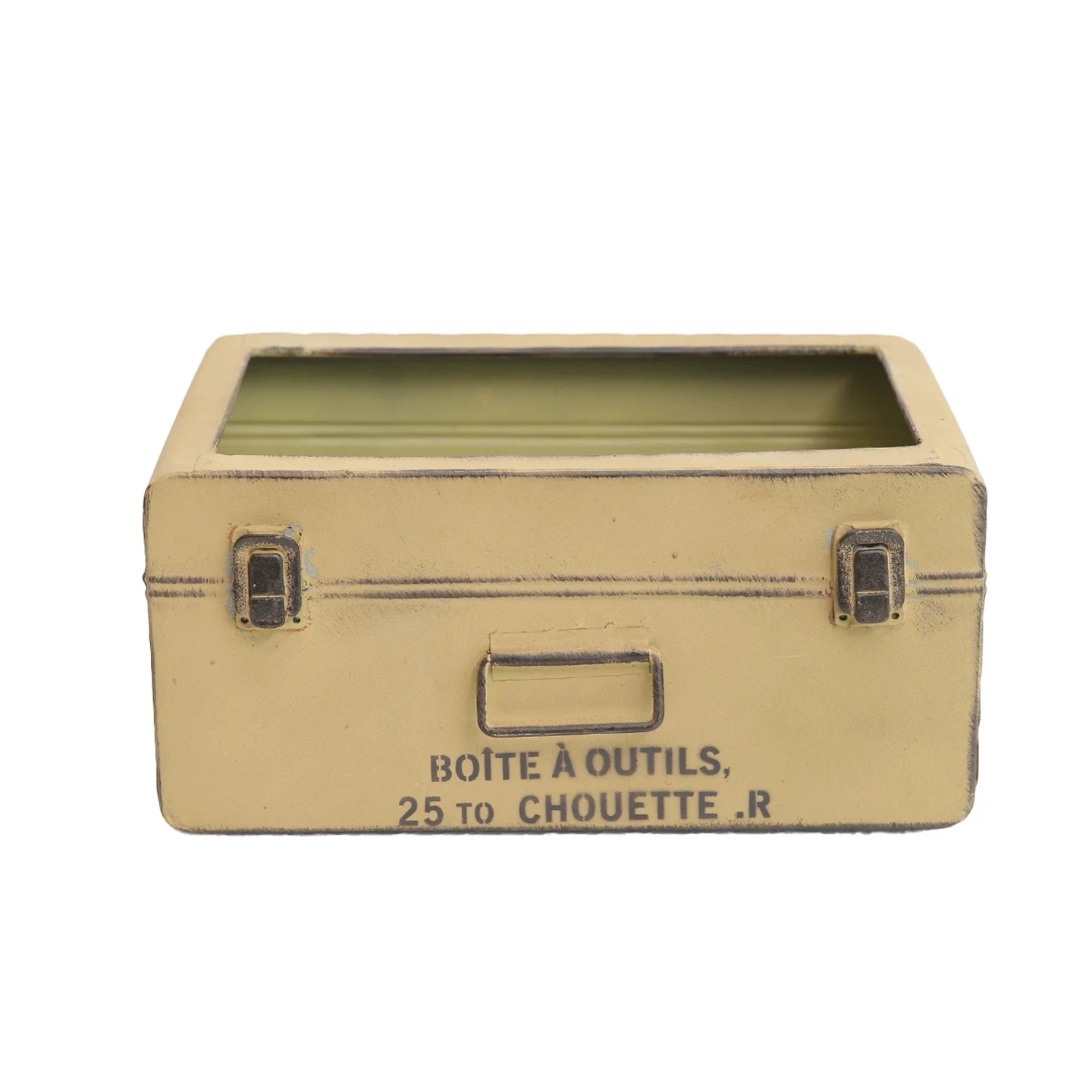 

Vintage Distressed Metal Toolbox Planter, Rustic Open Top Flower Box, French Country Iron Floral Container for Table Centerpiece