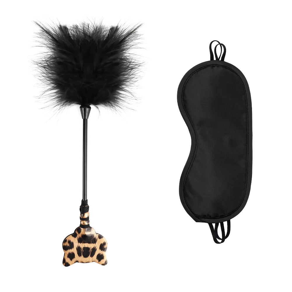 2 Pcs Flirting Set LeatherCat Face Leopard Top Feather Cócegas com Pequena Máscara de Olho Adormecido Adulto Sexo SM Kit para Mulheres e Casal