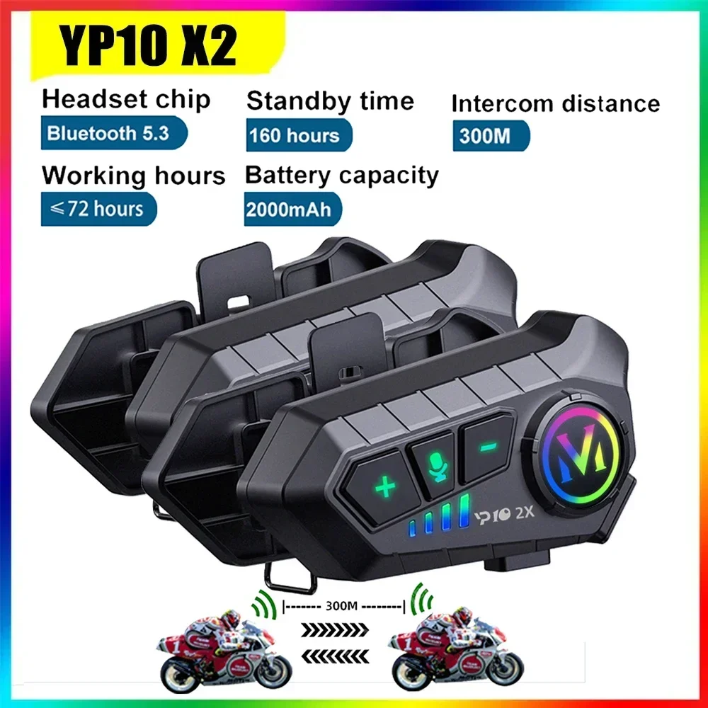 YP10 X2 Bluetooth Motorcycle Helmet Intercom 300M Wireless Intercomunicador 2000Mah Moto Walkie Talkie Headset 2MIC Waterproof