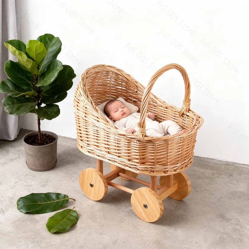 Handwoven Wicker Baby Bassinet Stroller - Multi-Functional Storage Basket for Pets & Infants | Boho Chic Nursery Decor