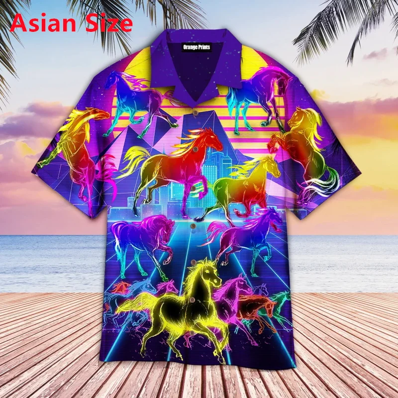 All Over Print Colorful Horse Hawaiian Shirts For Men Summer Short Sleeve Button Up Beach Shirts Blouse Mens Lapel Shirt Tops