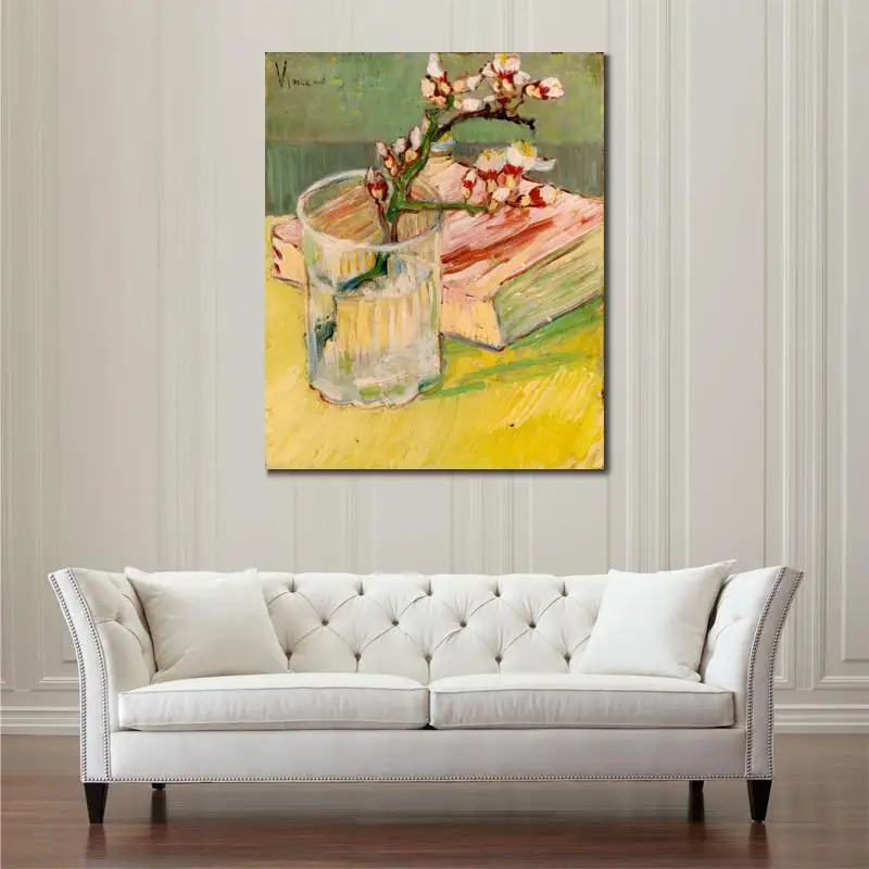 Flower Canvas Wall Art Blossoming Almond Branch in Glass Handmade Vincent Van Gogh Painting Famous Modern Artwork for Bathroom