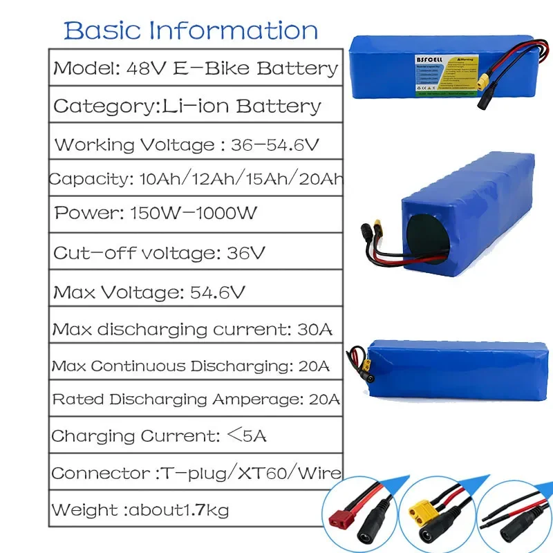 13S3P 48V E-Bike Battery 10Ah 12Ah 15Ah 20Ah Li-ion Battery XT60 T-plug Wire Connector With BMS For 150W-1000W Electric bicycle