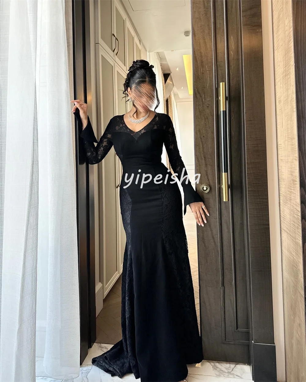 Customized Matching Classic Jersey Lace Mermaid V-neck Long Dresses Bespoke Occasion Dresses Sizes Available High Quality Retro