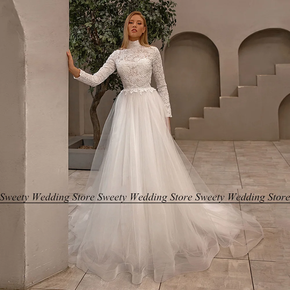 

Muslim Wedding Dress Elegant High Neck Long Sleeves Lace Applique Soft Tulle Sweep Train Abiti Da Sposa Bridal Gown