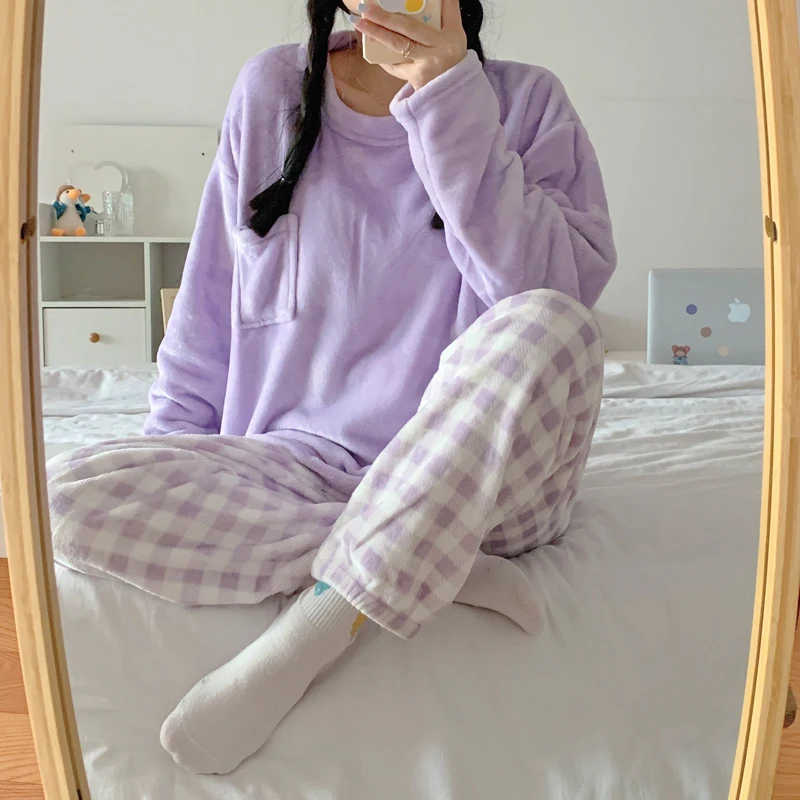 Thickened Korean Style Coral Fleece Plaid Sleepwear Women's Flannel Home Clothes Two-Piece Set Autumn Winter Home Leisure