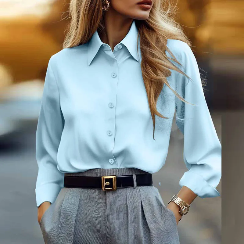 

Spring Casual Solid Color Simple Tops Woman Elegant Turn-down Collar Button Office Blouse Fall Long Sleeve Shirt Female Clothing