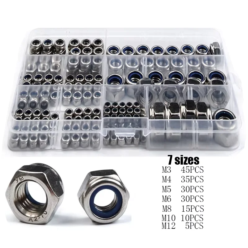 170PCS Hexagon Nylon Insert Lock Nut Set 304 Stainless Steel Hex Self Locking Nylock Assortment Kit M3/M4/M6/M8/M10/M12