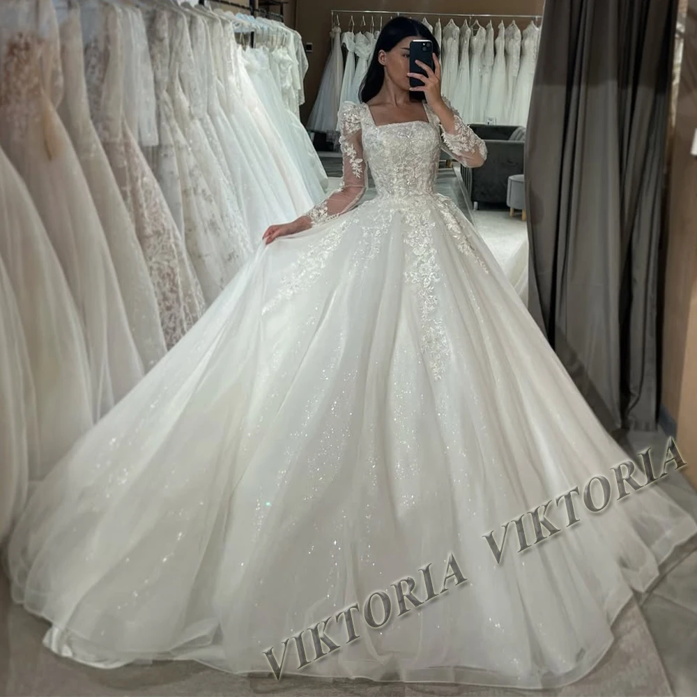 VIKTORIA Classic Square Collars Wedding Dresses For Woman Bride Long Sleeves Corset Tulle Appliques Vestido De Novia Customized