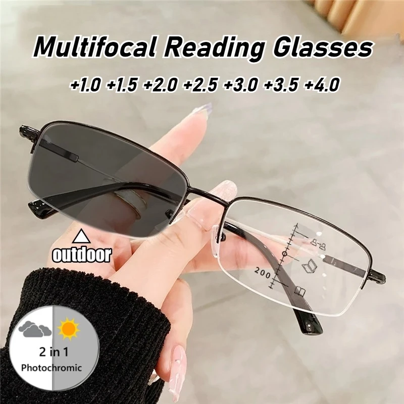

Business Men's Photochromic Multifocal Reading Glasses Luxury Outdoor Color Changing Sunglasses Fashion Presbyopia Glasses