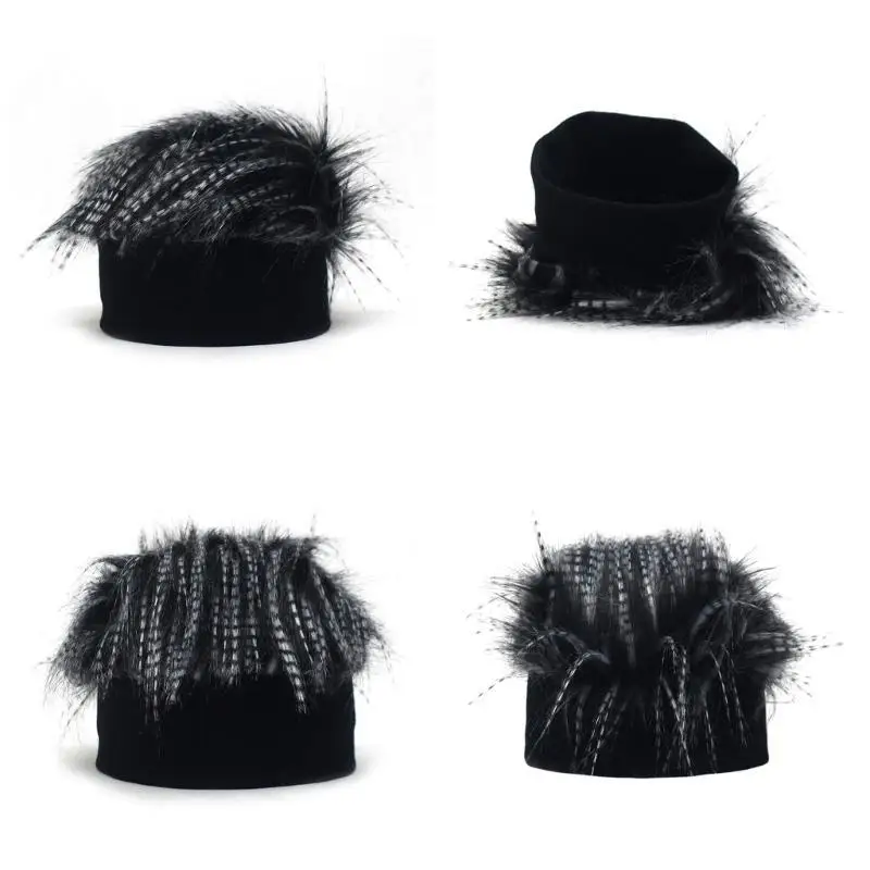 

652F Men Knit Hat with Hair Boys Funny Handmade Knitting Winter Hat Beanie Hat with Spiked Hair Winter Brimless Beanie