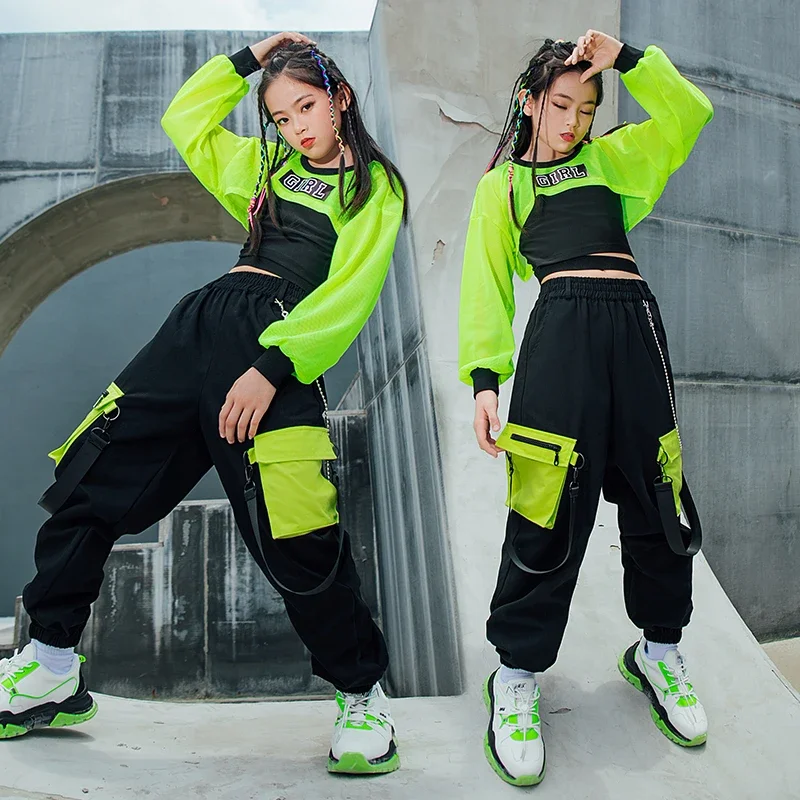 Top negro chaleco pantalones Cargo ropa de actuación de baile callejero para niños, ropa de Hip Hop para niñas, traje de baile de Jazz, corto verde neón