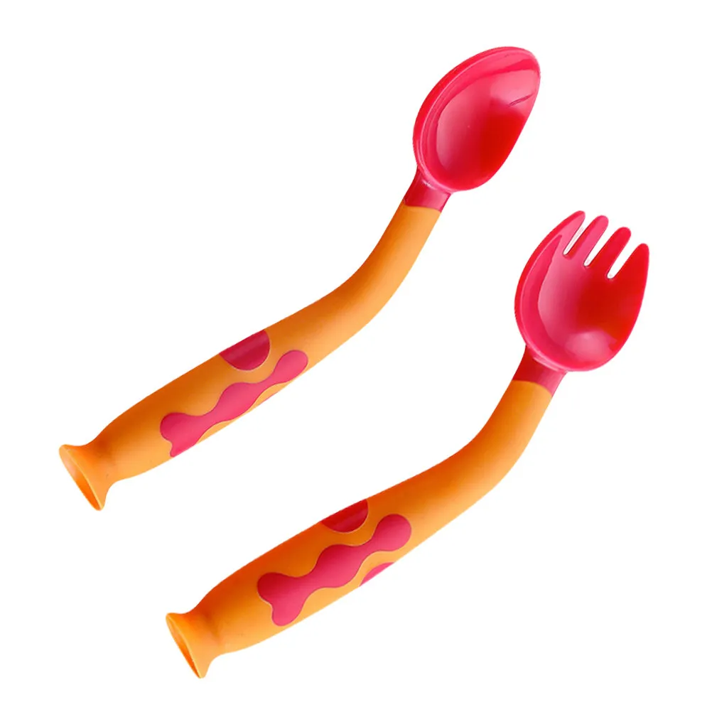 1Set Baby Spoon Fork Set Food Grade Infant Feeding Tableware Safety Rounded Tip Learning Utensils Suction Cup Base Toddler
