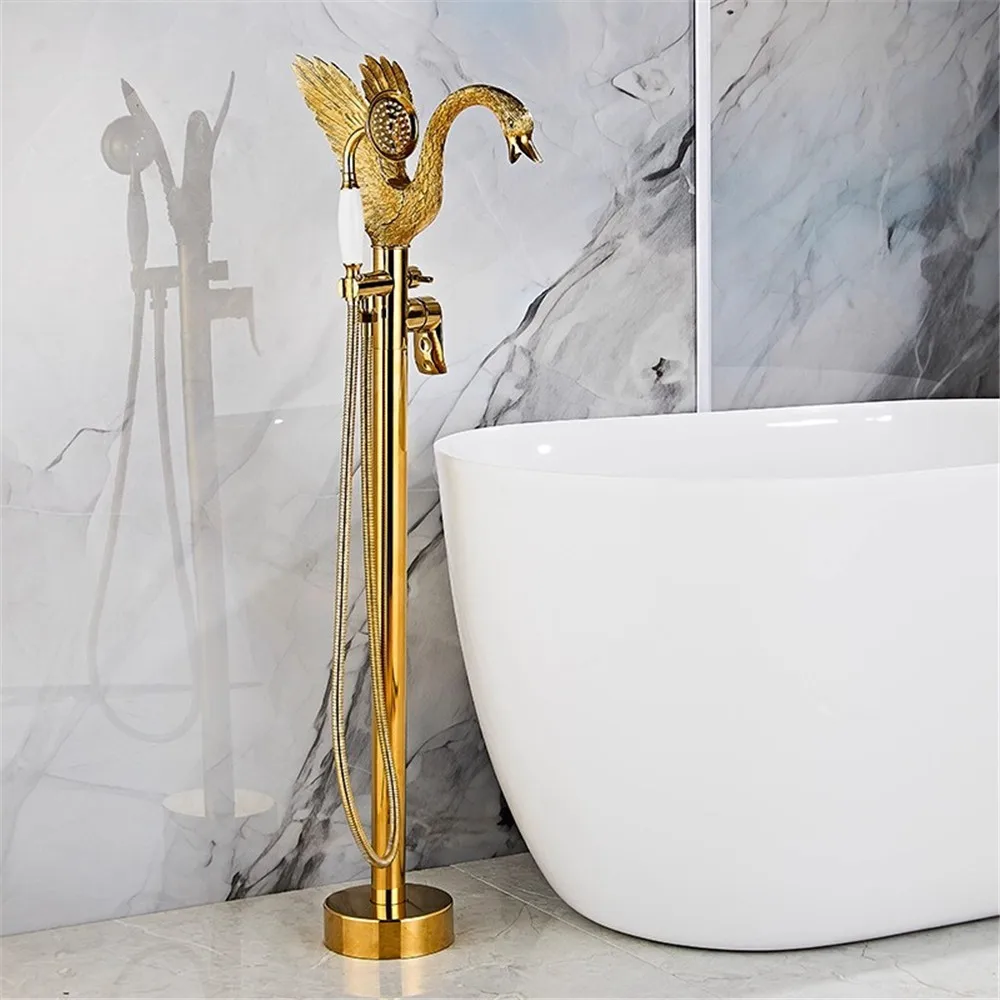Articstic Creative Gold Swan Bathroom Bathtub Faucet with Handheld Shower Free Standing Brass BathTub Mixer Taps Floor Mounted