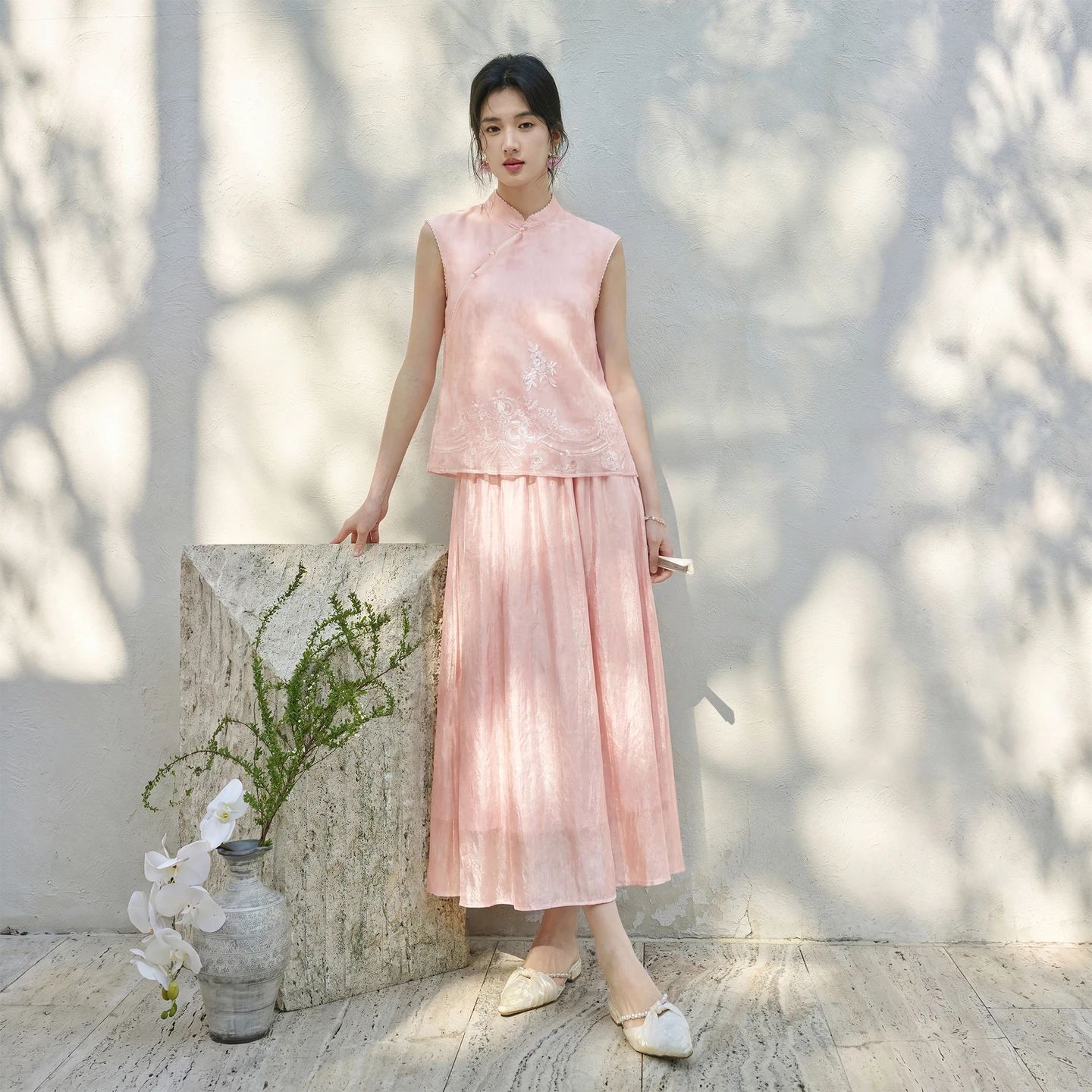SENTUBILA Women's Pink Summer Suit 2026 Ladies Chinese Style Elegant Sleeveless Top Long Skirt Woman Matching Set W62ZJ7984
