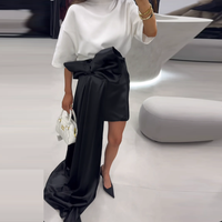 Fashion Black Short Satin Women Skirts With Side Bow Overlay Female Asymmetrical Maxi Skirt Mini Skirt