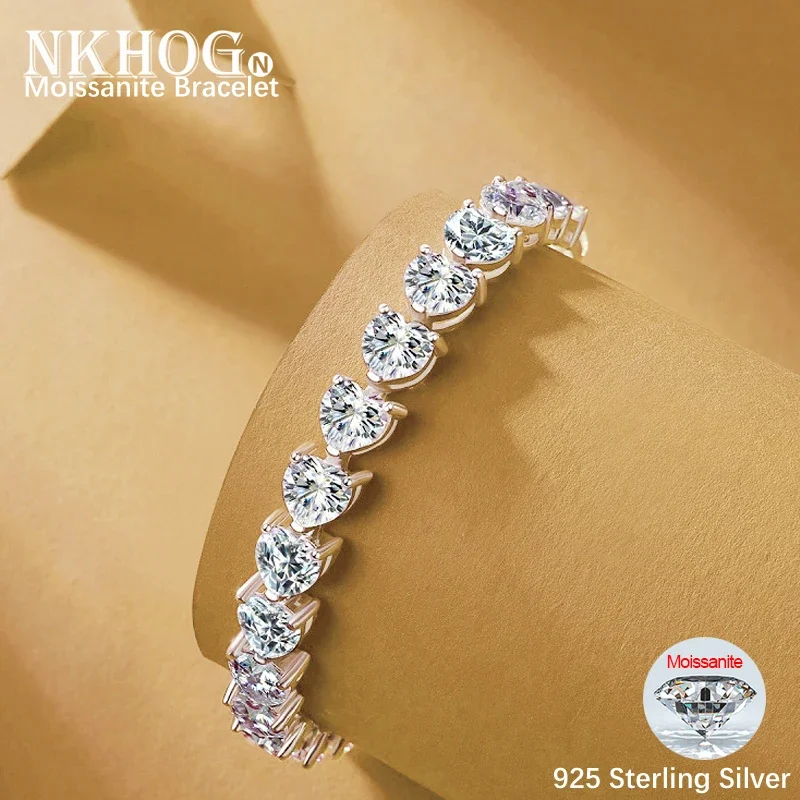 

NKHOG Full Moissanite Tennis Bracelets Heart Shape S925 Sterling Silver Sparkling Diamond Bangle Gifts Women Jewelry Certificate