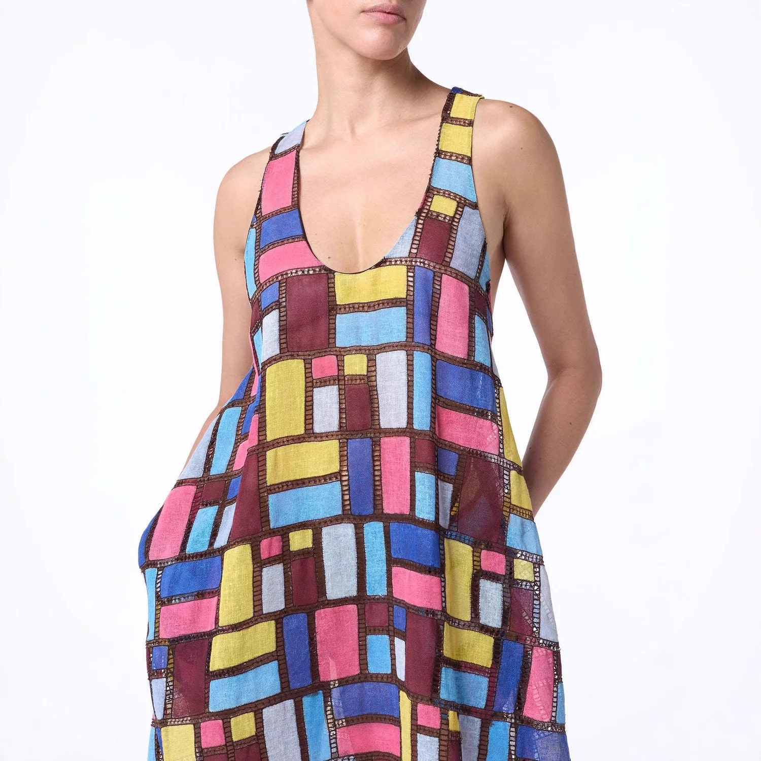 Colored Squares Sleeveless Long Dresses Women Fashion Sexy U-neck Pocket Loose Maxi Dress Summer Lady Vacation Commuting Vestido - Image 2