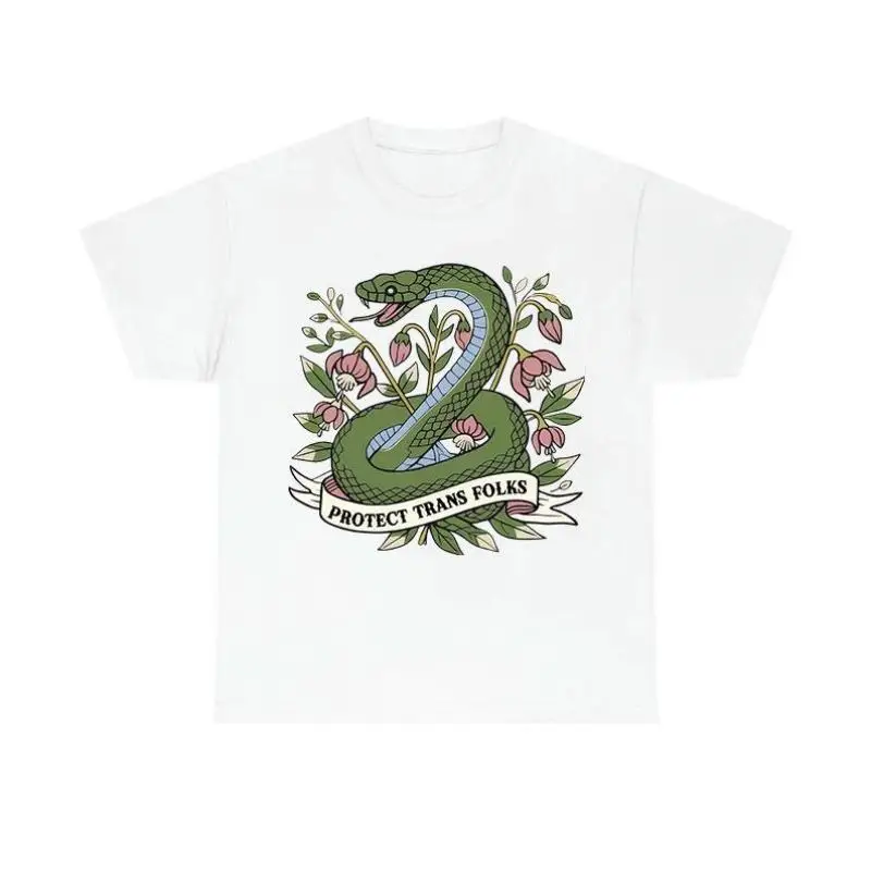

Protect Trans Folks T-shirt for Women Men LGBTQ+ Support Slogan Graphic Tee Snake Floral Art Print Equality Top