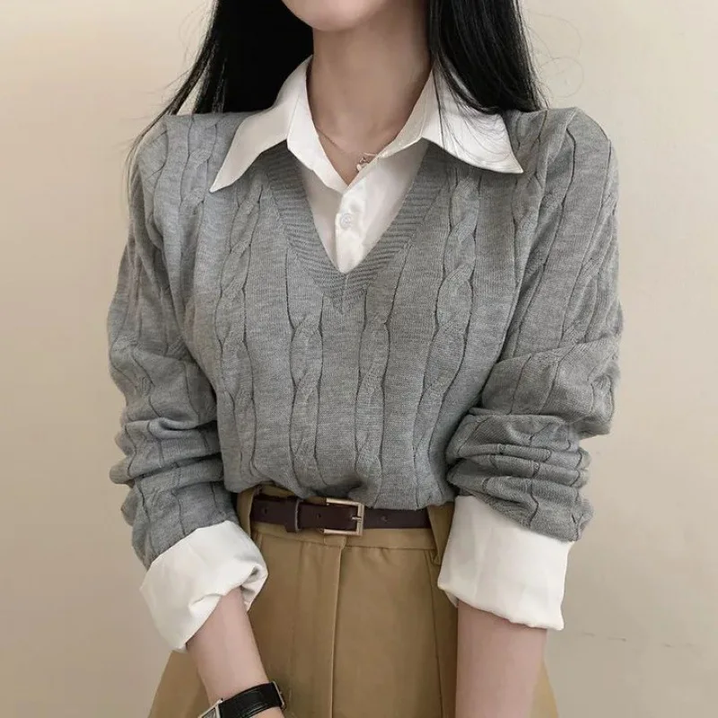 South korea Chic Spring and Autumn Age-Reducing Retro Temperament Preppy Fake Two Pieces Shirts Twist Knit Top Women