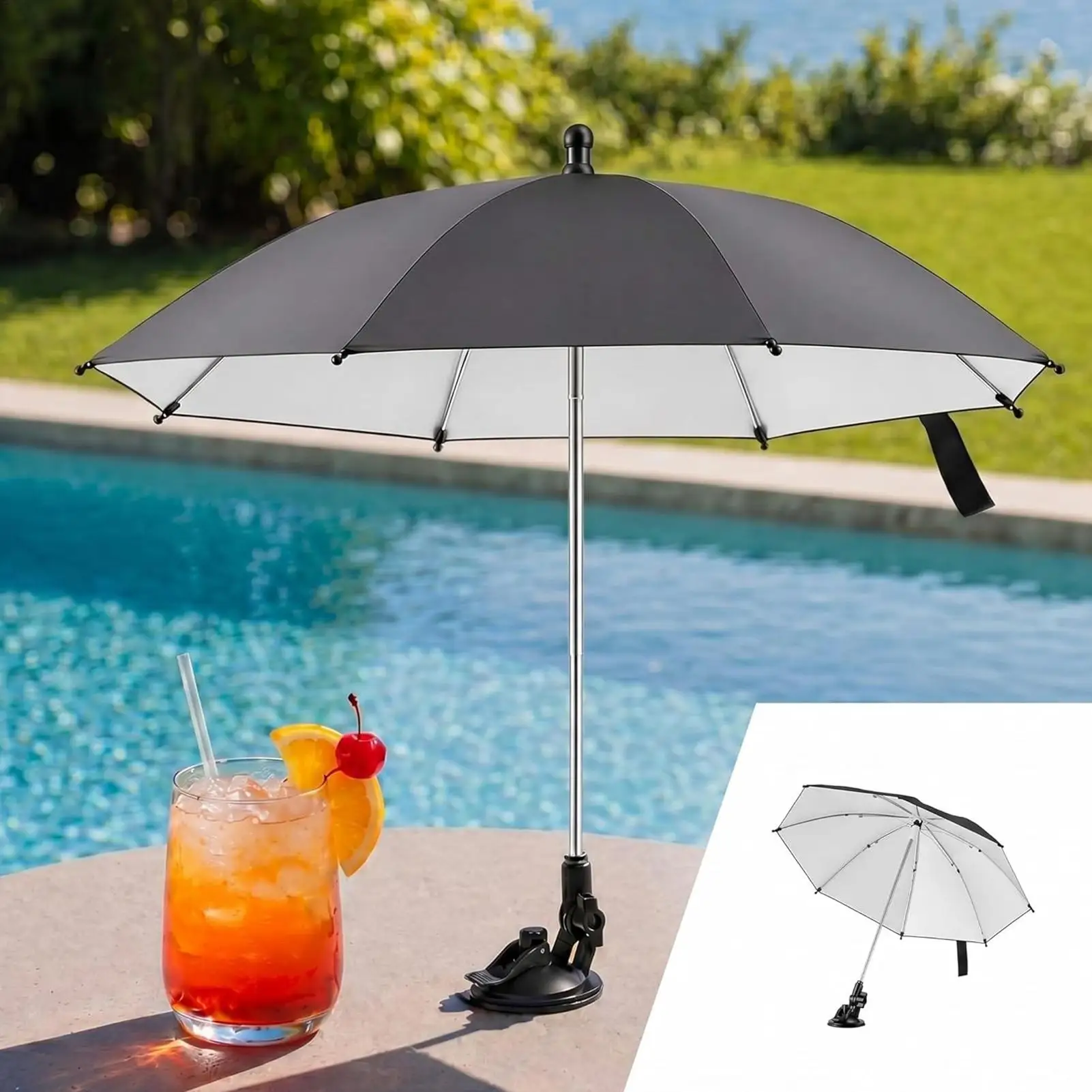 Mini Table Umbrella with Suction Cup Base, Portable Adjustable Sun Shade for Drinks Phones, UV Protection for Beach Patio Travel