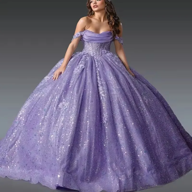 Personalizado brilhante lantejoulas roxo escuro princesa quinceanera vestido grande arco fora do ombro vestidos de 15 anos 2025 vestido de festa feminino