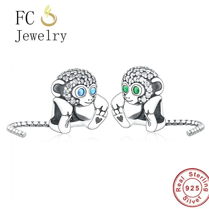 

FC Jewelry Fit Original Pan Charms Bracelet 925 Silver Little Monkey Blue Green Zircon Eye Bead Pave Reflexion Berloque 2020